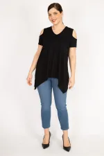 Kadın Saks Büyük Beden Omuz Dekolteli Asimetrik Kesim Viskon Bluz