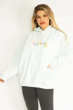 Women's Blue 3-Thread Polar Fleece Embroidery Detailed Hooded Sweatshirt 65N35078