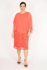 Kadın Lacivert Büyük Beden Şifon Pelerinli Astarlı Dantel Elbise