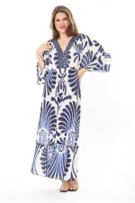 Kadın Büyük Beden Mavi Yakası Taş Detaylı Etek Ucu Katlı Krep Elbise 65N37907