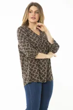 Kadın Büyük Beden Kahve Yaka Pileli Kapri Kollu Bluz 65N37147