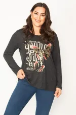 KADIN FÜME BASKI DETAYLI TAŞ İŞLİ KELEBEK FİGÜRLÜ BİSİKLET YAKA TUNİK
