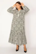 Kadın Siyah Dokuma Viskon Kumaş Etek Ucu Katlı Uzun Kollu Elbise 65N34324