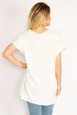 Kadın Kemik Ön Çizgili Arkası Düz Düşük Kollu Viskon Bluz 65N34914