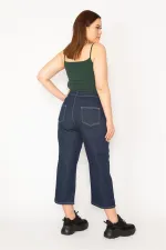 WOMEN'S NAVY BLUE POCKET DETAILED HIGH WAIST ANKLE LENGTH JEANS
