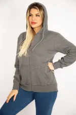 Kadın Gri Sırtı Çift Fermuar Ve Çıtçıt Düğme Ve Ön Fermuarlı İçi Şardonlu Sweatshirt 65N35069