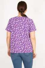 Kadın Lila Büyük Beden Pamuklu Kumaş Kısa Kollu Desenli Bluz