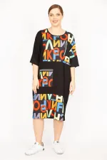 Kadın Siyah Büyük Beden Dijital Baskı Ve Süs Fermuar Detaylı Elbise 65N35841