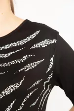 Kadın Saks Büyük Beden Bisiklet Yakalı Ön Baskılı Bluz