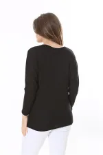 Kadın Büyük Beden Siyah Taş Detaylı Yarasa Kol Bluz 65N37804