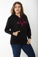 Women's Plus Size Black Hooded Kangaroo Pocket Sweatshirt 65N37197