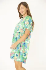 Kadın Büyük Beden Yeşil Bisiklet Yakalı Belden Büzgü Ve Kolları Volan Detaylı Tunik Elbise 65N36881