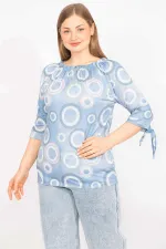Kadın Mavi Büyük Beden Yaka Lastikli Kol Bağcıklı Bluz 65N35665