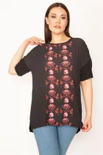 KADIN SİYAH ÖN DESENLİ KISA KOLLU BLUZ
