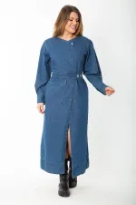 Kadın Lacivert Metal Düğmeli Anvelop Kot Elbise 65N37381