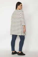 Kadın Kemik Pamuklu Kumaş Çizgili Hırka 65N29664