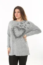 Kadın Büyük Beden Gri Önü Taş Detaylı Yün Viskon Bluz 65N37501