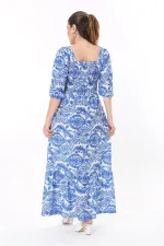 Kadın Büyük Beden Mavi Göğüs Kısmı Gipe Lastikli Etek Ucu Katlı Uzun Elbise 65N37737