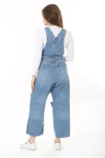 Kadın Büyük Beden Mavi Yırtık Detaylı Kot Salopet 65N37889