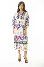 Kadın Büyük Beden Saks Dokuma Viskon Kumaş Ön Yarım Düğmeli Uzun Kollu Elbise 65N36886