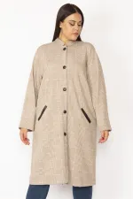 Hakim Yaka Ekose Desenli Ön Boy Baskı Düğmeli Cep Ağzı Suni Deri Garnili Astarsız Uzun Kap