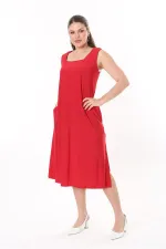 Kadın Büyük Beden Kırmızı Kare Yakalı Kolsuz Uzun Elbise 65N37738