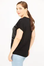 Kadın Siyah Büyük Beden Taş Ve Suni Deri Garnili Düşük Kollu Bluz