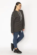 Women's Black Plus Size Front Placket Zippered Eyelet and Lace Detailed Hooded Striped Tunic