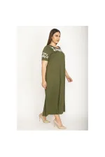 Kadın Haki Sim Detaylı Ön Baskılı Viskon Elbise 65N27473