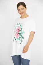 Kadın Beyaz Büyük Beden Rahat Kesim Bisiklet Yakalı Ön Baskılı Tunik