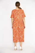 Kadın Oranj Büyük Beden Dokuma Viskon Kumaş Kısa Kollu Elbise