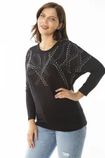 Kadın Büyük Beden Siyah Taş Detaylı Yarasa Kol Bluz 65N36862