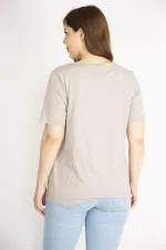 Kadın Vizon Büyük Beden Yakası Dantel Detaylı Kısa Kollu Bluz