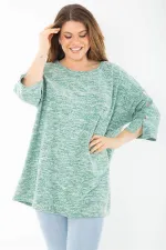 Kadın Büyük Beden Yeşil Kolları Süs Metal Düğmeli Kırçıllı Kalın Tunik 65N37403