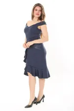 Kadın Büyük Beden Lacivert Bel Drapeli Etek Ucu Volanlı Elbise 65N37908