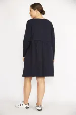 Kadın Büyük Beden Lacivert Bisiklet Yakalı Belden Büzgülü Uzun Kollu Tunik Elbise