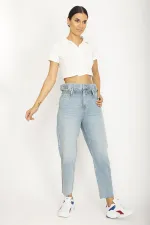 WOMEN'S BLUE PAPER BAG WAISTED JEANS