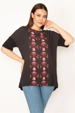 KADIN SİYAH ÖN DESENLİ KISA KOLLU BLUZ