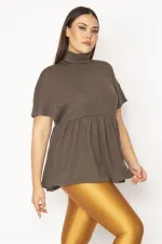 Kadın Kahve Boğazlı Yaka Bel Büzgülü Düşük Kol Triko Bluz 65N29661