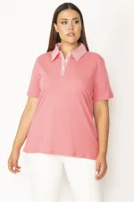 Kadın Pembe Pamuklu Kumaş Polo Yaka Ön Pat Düğmeli  Bluz 65N27823