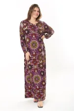 Kadın Büyük Beden Kahve Yaka Bağcıklı Uzun Kollu Maksi Boy Elbise 65N37866