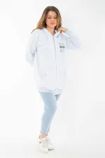 Kadın Büyük Beden Mavi İçi Şardonlu Ön Fermuar Ve Kapşonlu Sweatshirt 65N37405