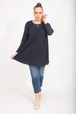 Kadın Antrasit Rahat Kesim Kaşkorse Kumaş Yakası Kuşgözü Bağcık Detaylı Uzun Tunik 65N35499