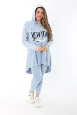 Kadın Büyük Beden Mavi Payet Detaylı Arkası Uzun Kapşonlu Sweatshirt 65N37463