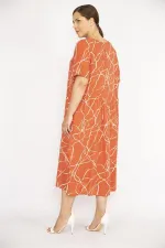 Kadın Oranj Büyük Beden Dokuma Viskon Kumaş Kısa Kollu Elbise