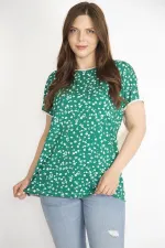 Kadın Yeşil Büyük Beden Ön Desenli Düşük Kollu Bluz