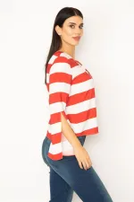 KADIN KIRMIZI YAKASI KUŞGÖZLÜ BAĞCIK DETAYLI KOL YIRTMAÇLI ÇİZGİLİ BLUZ
