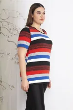 Kadın Büyük Beden Renkli Kısa Kollu Triko Dokuma Çizgili Bluz 65N36838