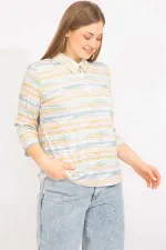 Kadın Renkli Büyük Beden Pamuklu Kumaş Ön Pat Fermuarlı Renkli Bluz 65N35570