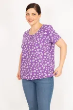 Kadın Lila Büyük Beden Pamuklu Kumaş Kısa Kollu Desenli Bluz